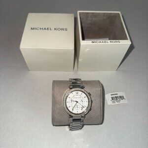 Michael Kors Parker MK5353 Silver Crystal Chronograph Watch w/ Box